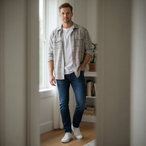 Mens Panhandle Casual Plaid Western Snap Down Shirt Sz L